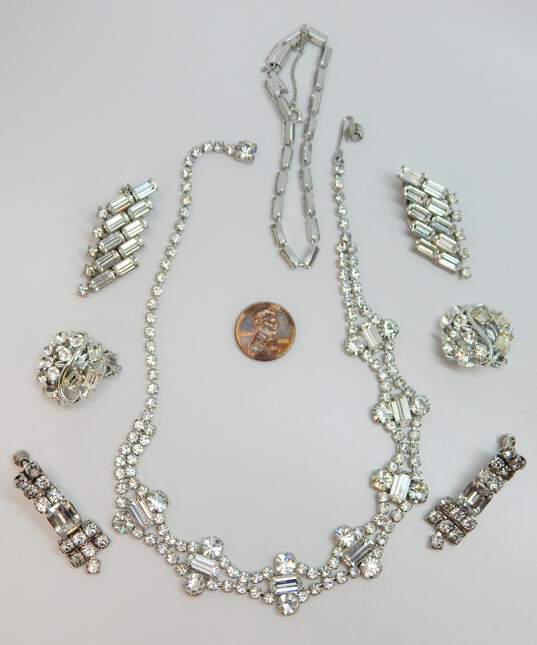 Vintage Icy Rhinestone Silver Tone Necklace, Bracelet & Clip On Earrings 67.8g image number 7