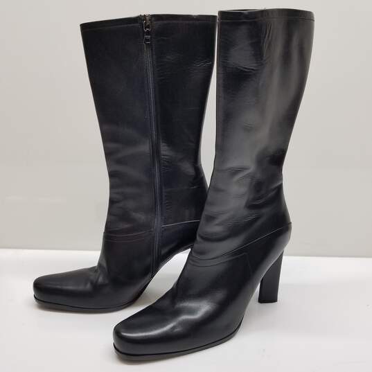 AUTHENTICATED Prada Black Leather Block Heel Boots Wms Size 37.5 image number 2
