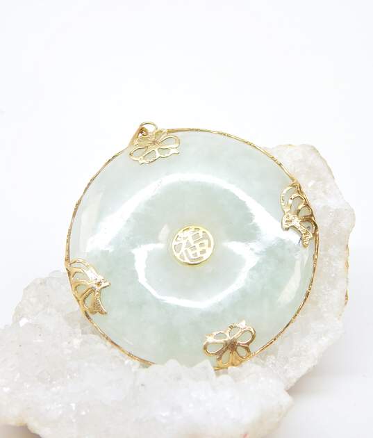 14K Gold Chinese Character Butterflies & Flowers Overlay Jade Disc Pendant 11g image number 1