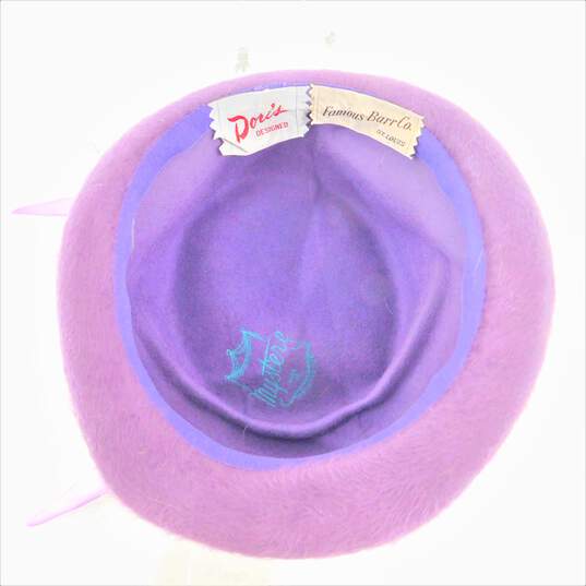 VNTG Mystere Doris Designed Famous Barr Co St. Louis Bonnet Imported Fur W/ Feathers Purple Hat image number 2