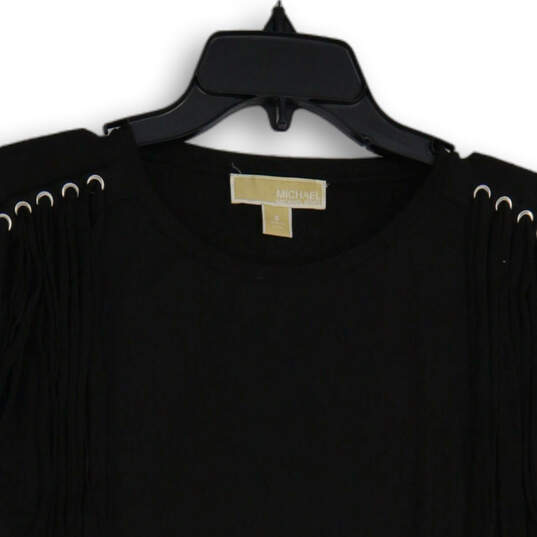 Womens Black Round Neck Shoulder Fringe Short Sleeve Blouse Top Size Small image number 3
