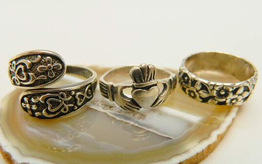 Romantic 925 Sterling Silver Hoop Earrings Claddagh Bypass & Flower Rings 13.4g image number 3