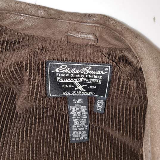 Eddie Bauer Outdoor Outfitters Long Brown Full Zip/Button Leather Jacket Size L image number 3