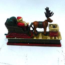 Vintage Christmas Santa Sleigh Reindeer Cast Iron Mechanical Coin Bank