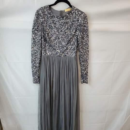 Maya Deluxe Gray Sequin Tulle Gown Dress in Size 6 image number 1