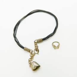 Artisan 925 Puffed Heart Pendant Black Twisted Cord Toggle Lariat Necklace & Butterfly Ring 33.2g