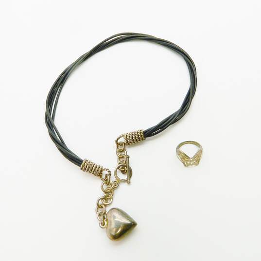 Artisan 925 Puffed Heart Pendant Black Twisted Cord Toggle Lariat Necklace & Butterfly Ring 33.2g image number 1
