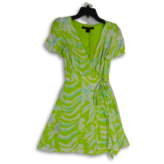 Womens Green White Floral V-Neck Short Sleeve Tie Waist Wrap Dress Size 0 image number 1