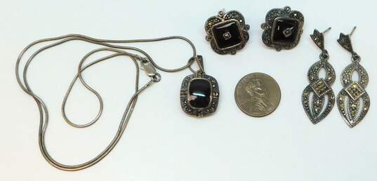 Sterling Silver Marcasite Faux Onyx Inlay Necklace Earrings & Dangle Earrings 22.5g image number 8