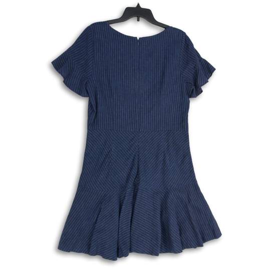 Womens Blue Striped Back-Zip Round Neck Ruffle Mini Dress Size 14 image number 2