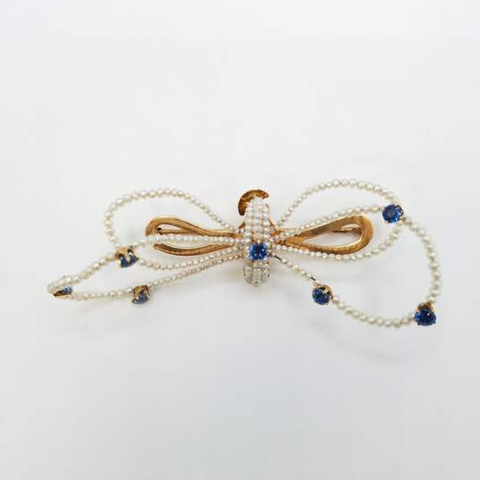 14K Gold Vintage Sapphire Seed Pearl Bow Tie 3in Brooch 7.5g image number 3