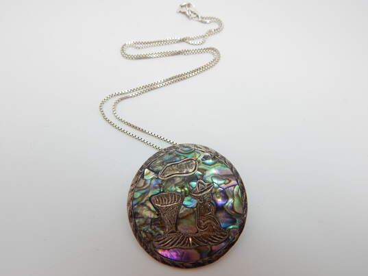 Vintage Taxco Mexico 925 Abalone Shell Inlay Etched Man Scene Pendant Brooch Necklace & Puffed Teardrop Drop Earrings 13.8g image number 5