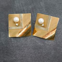 14K Yellow Gold Pearl Diamond Accent Ridged Square Earrings 3.1g