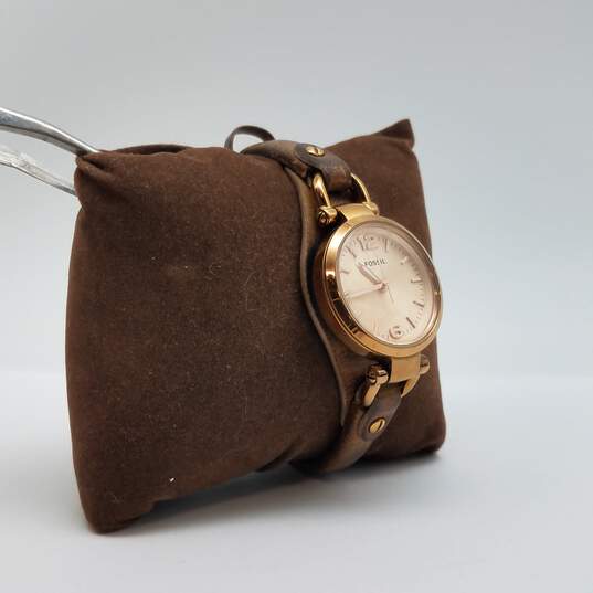 Fossil Unique 25-27mm Rose Gold Tone Case with Brown leather Strap Ladies Quartz Watch Collection image number 9