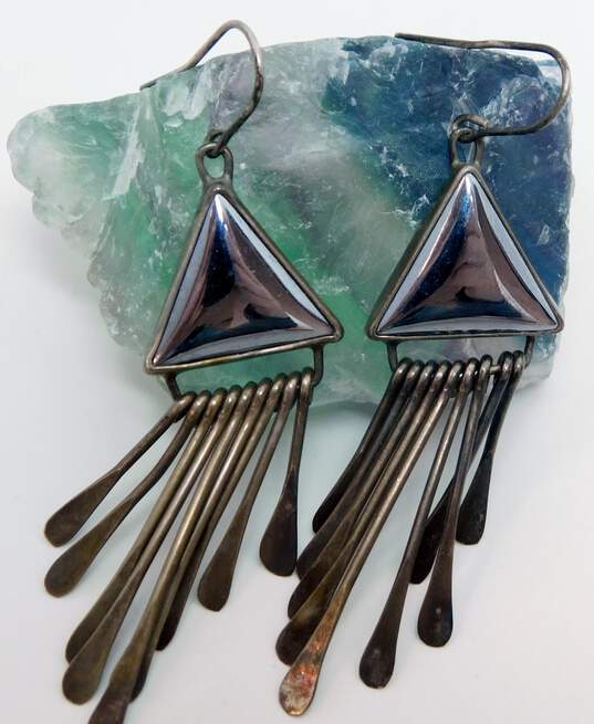 Signed J Hayes 925 Hematite Triangle Cabochon Flat Tassels Drop Earrings 7.6g image number 3