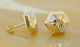14K Tri Color Gold Pinwheel Etched Hexagon Stud Earrings 0.9g alternative image