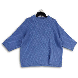 Womens Blue Knitted Mock Neck 3/4 Sleeve Pullover Sweater Size 1X
