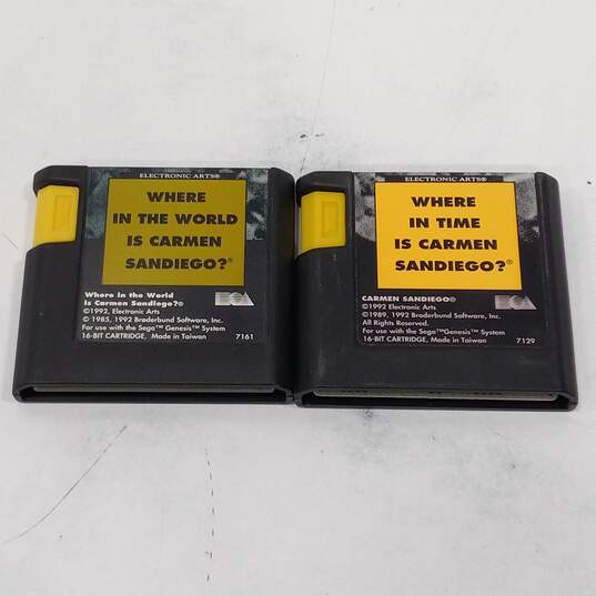 Sega Genesis Cartridges Including 'Where in Time is Carmen Sandiego' and 'Where in the World is Carmen Sandiego' image number 1