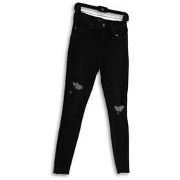 Womens Black Dark Wash Denim Pockets Distressed Cutoff Skinny Jeans Sz 2/26