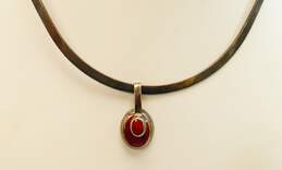 Mexican Artisan 925 Sterling Silver Red Jasper Inlay Pendant On Collar Necklace 35.5g