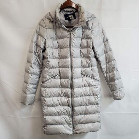 Land's End silver hooded midi length puffer jacket women's S image number 1