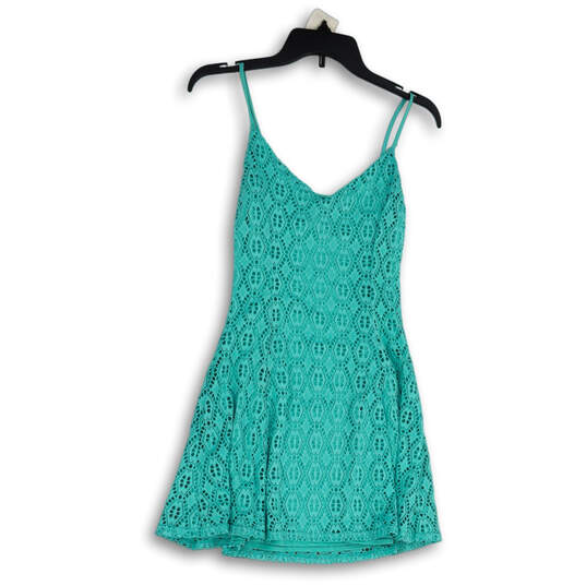 Womens Blue V-Neck Spaghetti Strap Lace Overlay Short A-Line Dress Size XS image number 1
