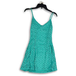 Womens Blue V-Neck Spaghetti Strap Lace Overlay Short A-Line Dress Size XS
