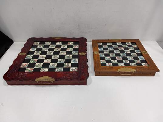 Set of 2 Chinese Chess Boards in Hand Carved Wooden Case image number 1