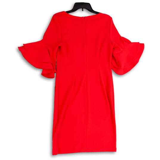 Womens Pink Round Neck Ruffle Sleeve Back Zip Knee Length Sheath Dress Sz 6 image number 2
