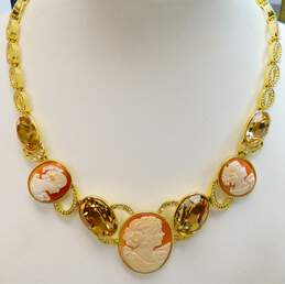 Amedeo Carved Shell Cameo Citrine Color Crystal Statement Necklace 105.0g
