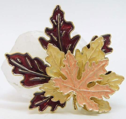 Multi Color Enamel Gold Tone Flowers & Leaves Brooches image number 2