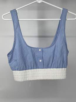 Womens Blue Striped Smocked Button Front Cropped Tank Top Sz S T-0528929-C
