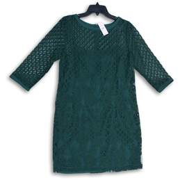 NWT LOFT Womens Green Lace Round Neck 3/4 Sleeve Pullover Shift Dress Size 8
