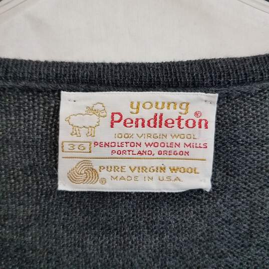 Vintage Young Pendleton navy blue v neck wool sweater with geometric trim image number 4