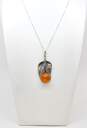 Artisan 925 Amber Cabochon Circle & Textured Leaves Pendant Chain Necklace image number 2