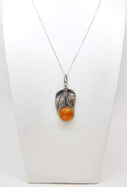 Artisan 925 Amber Cabochon Circle & Textured Leaves Pendant Chain Necklace alternative image