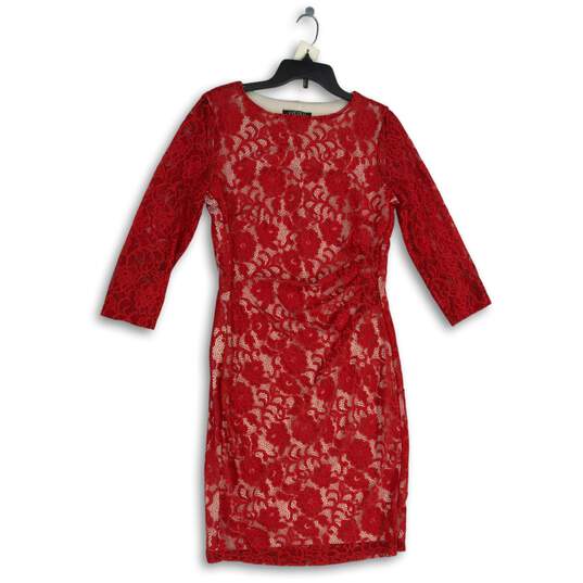 Kasper Womens Red Lace Round Neck Long Sleeve Knee Length Sheath Dress Size M image number 1