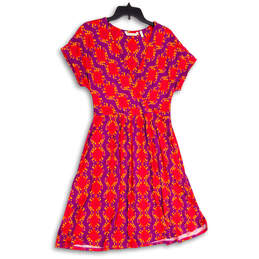 Womens Multicolor Pleated V-Neck Short Sleeve A-Line Dress Size Medium