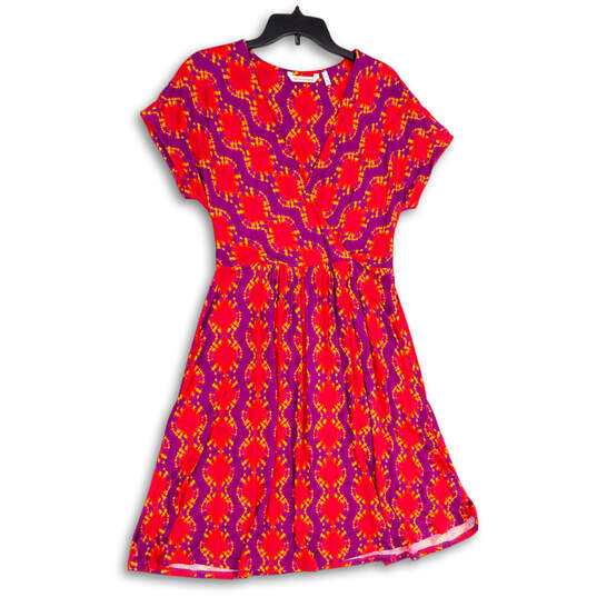 Womens Multicolor Pleated V-Neck Short Sleeve A-Line Dress Size Medium image number 1