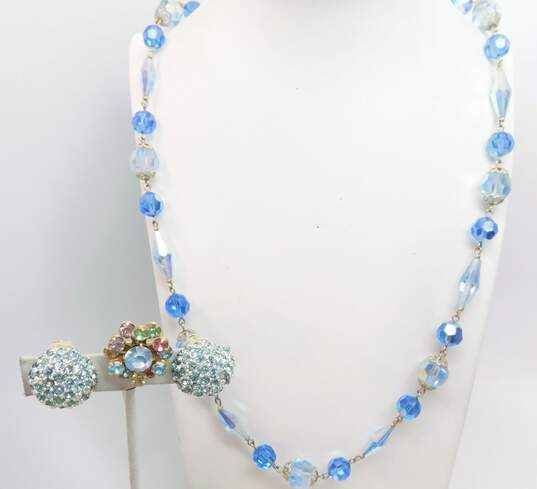 Vintage Blue Aurora Borealis Necklace & Multi Color Icy Rhinestone Jewelry 79.7g image number 1