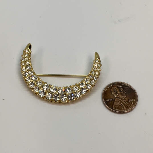 Designer Swarovski Gold-Tone Crystal Cut Stone Swan Half-Moon Brooch Pin image number 2