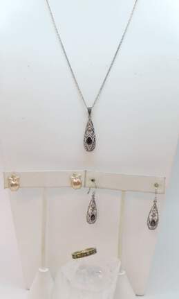 Romantic 925 Garnet Scrolled Teardrop Pendant Necklace & Matching Drop & Apple Post Earrings & Flowers Band Ring 13.4g