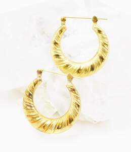 14K Yellow Gold Textured Ridged Hoop Earrings 2.1g