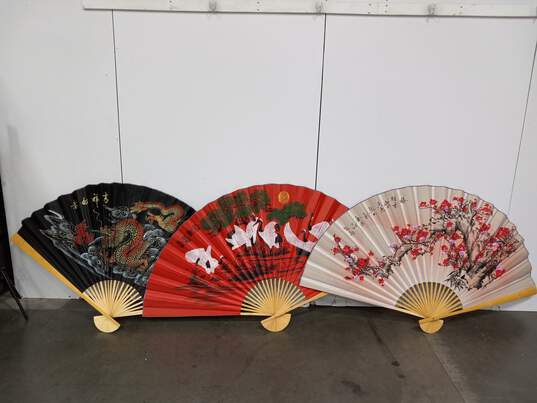 3pc Set of Vintage Bamboo Wall Hanging Oriental Folding Fans image number 1