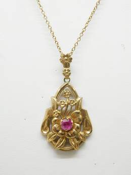 Vintage Esemco 10K Yellow Gold Simulated Ruby Floral Lavalier Pendant Necklace 2.9g