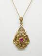 Vintage Esemco 10K Yellow Gold Simulated Ruby Floral Lavalier Pendant Necklace 2.9g image number 1