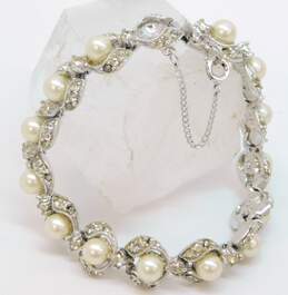Vintage Bogoff Silver Tone Icy Rhinestone Faux Pearl Costume Bracelet 28.3g