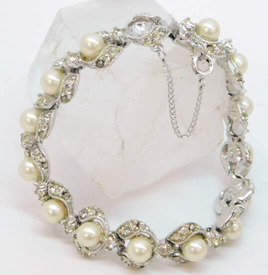 Vintage Bogoff Silver Tone Icy Rhinestone Faux Pearl Costume Bracelet 28.3g image number 1