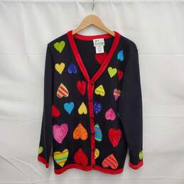 VTG Quacker Factory WM's Black Embroidered Hearts Cardigan Sweater Size L