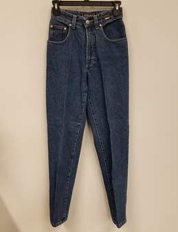 Mens Blue Cotton Dark Wash Coin Pockets Denim Straight Jeans Size 27X41